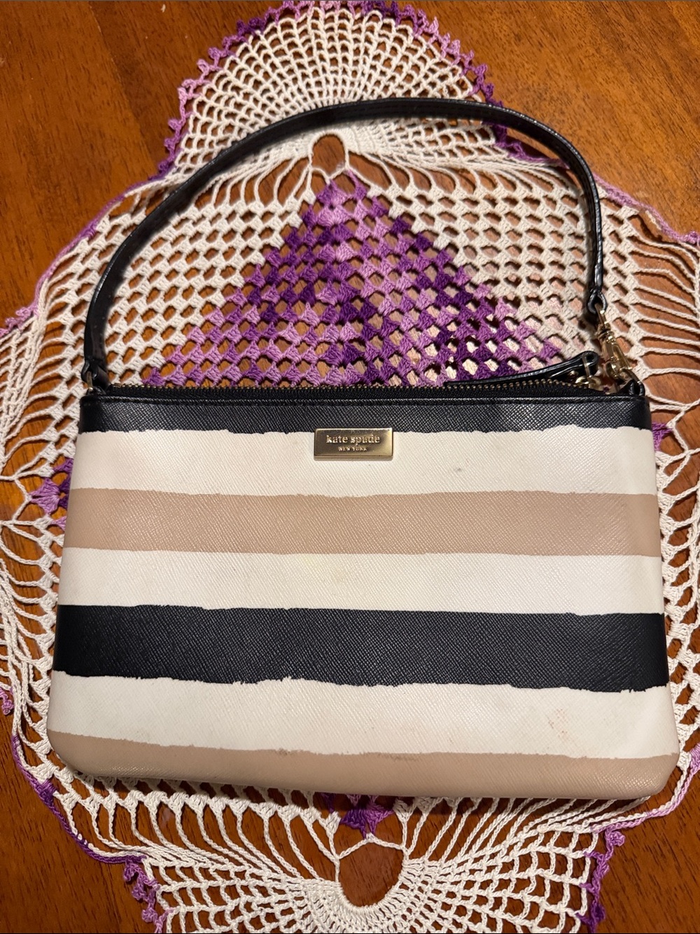 kate spade Striped Shoulder Bag in Black, Cream & Tan